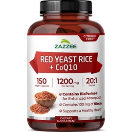 Extra Strength Red Yeast Rice with CoQ10 - 20X Concentrated 1200mg Red Yeast Rice Supplement with Niacin CoQ 10 and BioPerine for Enhanced Absorption - Non-GMO Vegan & ISO Lab Tested (75 Servings)