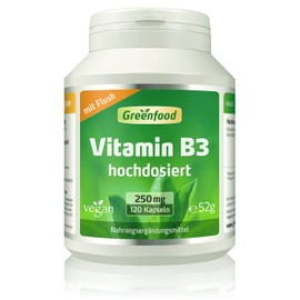 Greenfood - Vitamin B3 (Niacin) - 250 mg - Extra High Dose - 120 Vegan Capsules - No Artificial Additives and No Genetic Engineering