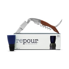 Repour Wine Essentials Combo Pack – Premium Corkscrew & Wine Saver | Manual Wine Key Removes Corks Easily, Wine Stopper Preserves Wine Easily|Perfect for Wine Lovers and Enthusiasts (Rosewood 4 Pack)