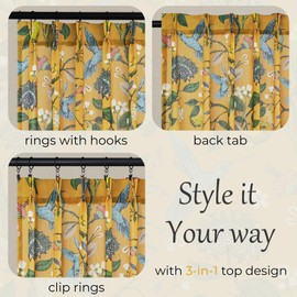 Drapenova Mustard Yellow Semi Sheer 84 Pinch Pleated Linen Blend Curtains Floral Hummingbird Lemon Drapes for Living Room Bedroom Farmhouse Cottagecore Window Treatments Light Filtering Deco 2 Panels