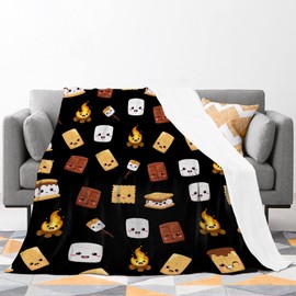 Sofcozlush Cute S'Mores Blanket Marshmallow Cookie Blanket Black Soft Plush Fuzzy Flannel Fleece Throw Blanket for Couch Food Blanket 50"x40" for Kids