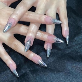MERVF Long Stiletto Press on Nails French Tip Fake Nails Press ons Flame Glue on Nails Gothic Almond Acrylic False Nails with Sliver Design 24pcs Glossy