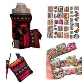 T1-AI Fabric Water Bottle Carrier – Includes Coin Pouch + 3D & Waterproof Sticker Packs, Adjustable Strap – Kit for Travel, Gym, Beach, Hiking, Walking, Biking & Daily Adventures (Rainbow)