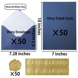 Homtable 50 Pack Shiny Envelopes with Shiny Cards and Gold Stickers for Invitations and Greeting Cards (Shiny Navy Blue, 5x7)