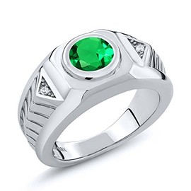 Gem Stone King 925 Sterling Silver Green Nano Emerald Ring For Men | 1.68 Cttw | Round 8MM | Gemstone May Birthstone | Size 10