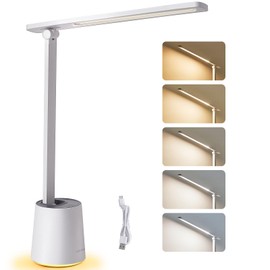 SUNLINKCO LED Desk Lamp, Portable LED Table Lamp with Night Light, Home Office Bedroom Night Lamp, 5-Level Adjustable Brightness, Eye-Caring, Memory Function