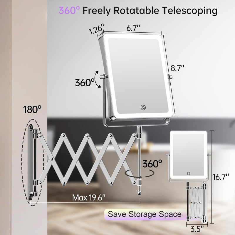 FASCINATE 5000mAh Rechargeable Wall Mounted Makeup Mirror with Lights, 8.7
