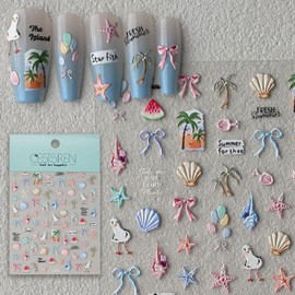 CESTSIREN Beach Nail Stickers, Shell Starfish Nail Decals, Self-Adhesive,Summer Vacation Nail Accessories & Supplies, Durable & Long-Lasting