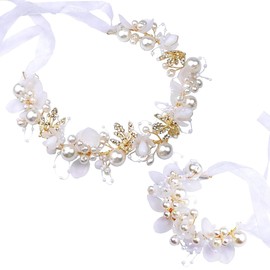 WHYCNJL 1 Piece Girls Flower Wreath Hair Children with 1 Piece Bow Bracelets Bracelet Vine Rhinestone Branch Crown Flower Headpiece for Weddings Birthday Parties Performance and Summer Beach