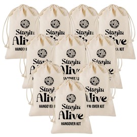gobyhumm 10 Premium Organic Muslin Drawstring Bags 4x6 - Wedding Party Favor Set for Bachelorette Hangover Kits & Holiday Gifting | Reusable Double-Layer Unbleached Cotton Pouches (Staying alive)