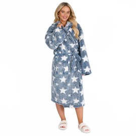 OHS Ladies Dressing Gown, Super Soft Teddy Marl Fleece Hooded Bathrobe with Pockets Luxurious Navy Star Print Women Dressing Gown Perfect Adults Loungewear, One Size