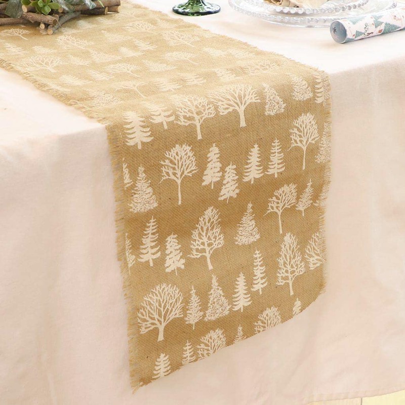 Table Runner Natural Woven Jute Winter Forest Printed 2.2m Decorative