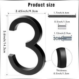 VONDERSO 6 Inch Floating House Numbers and Letters for Outside,Black Metal Modern Outdoor Address Sign for Yard Street and Mailbox, Zinc Alloy Solid Address Numbers and Letters,number 3