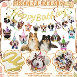 Cat Themed Birthday Party Decorations, Cat Birthday Banner Happy BirthdayBanner with 6 Hanging Cutouts 6 Hanging Swirl Decor(Dog)