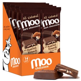 Moo Chocolates All Natural Dark Chocolate Large Bars with Roasted Almond & Sea Salt 1.4 oz, 14 ct (Pack of 1) | 100 Calorie Snacks for On-the-Go, Lunchboxes, Office