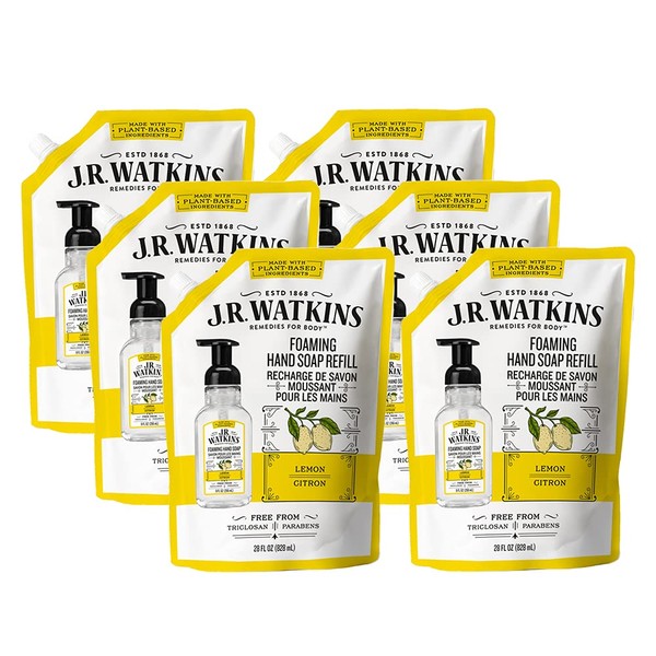 JR Watkins Foaming Hand Soap Refill Pouch, Lemon, 6 Pack, Scented Foam Handsoap for Bathroom or  Kitchen, USA Made and Cruelty Free, 28 fl oz
