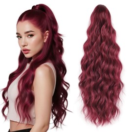 Ponytail Extension, 18 Inch Claw Clip Ponytail Extensions Wavy Ponytail Hair Extension for Women Fluffy Natural Synthetic Jaw Clip on Pony Tails Hairpiece for Daily Use (Wine Red)