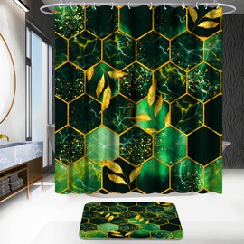 Poedist 4 Pcs Bathroom Shower Curtain Set,Green Honeycomb Marble Bathroom Sets with Rugs(Bath Mat,U Shape and Toilet Lid Cover Mat) and 12 Durable Hooks