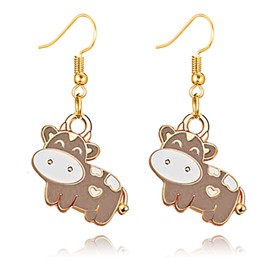 MALOYANVE New Zodiac Cow Farm Pet Dangle Hook Earrings Cute Golden Cow Animal Drop Earrings for Women Birthday Friendship Party Accessories Jewelry Gift (Brown)
