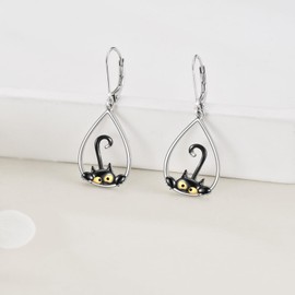 Black Cat Drop Dangle Earrings 925 Sterling Silver Lever Back Cat Jewelry for Women Christmas (Teardrop)