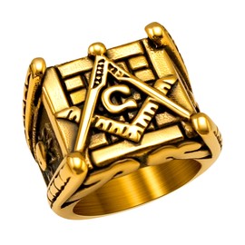 Oaldilee Men's Freemason Ring Gold Square Signet Rings for Biker Mason Statement Ring Size 8 Masonic Religious Faith Jewelry for Men