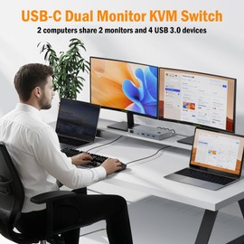 USB-C KVM Switch, 8k@60HZ KVM Switch 2 Monitor 2 Computers for 4 USB Devices, 2 Port Switch Selector with Wired Control and Power Adapter