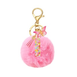 SMUOBT Resin Alphabet Initial Letter Keychain for Women,Backpack Keychain for Girls with Fur Ball Pom Pom Keychain,Pink I