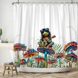 ASDCXZ Funny Shower Curtain 180 x 200 cm, Funny Punk Frog Playing Guitar Colourful Mushroom Flowers Leaves Bathroom Washable Shower Curtains Polyester Textile Waterproof Bath Curtain for Bath with 12