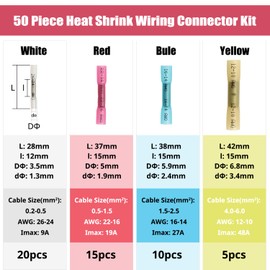 YIXISI 50 PCS Heat Shrink Butt Connectors Kits, Waterproof Heat Shrink Electrical Wire Butt Terminals, Waterproof Electrical Wire Terminals, Marine Automotive Crimp Terminals,10-26 AWG