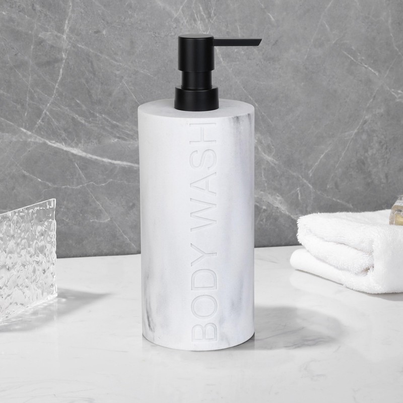 Indecor Home Resin White Marbled Body Wash Engraved Bottle Refillable