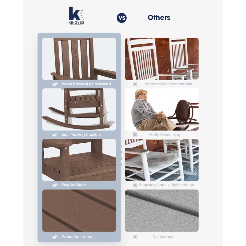 KINGYES Outdoor Patio Rocking Chair, Brown