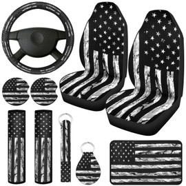 Frienda 10 Pcs Car Seat Covers for Women Accessories Interior Seat Covers with Steering Wheel Cover, Wrist Strap, Cup Mats, Armrest Pad, Shoulder Pad, Key Chain (American Flag)