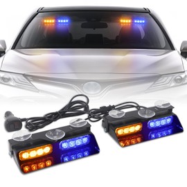 XRIDONSEN 2 in 1 Dash Emergency Strobe Lights Front/Rear Amber Blue Windshield Lights Warning Safety Flashing w/Suction Cups for Volunteer Vehicles, Trucks（Amber/Blue
