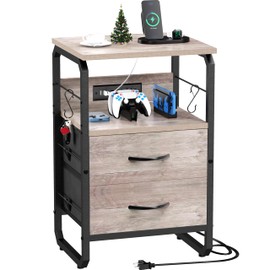 runjuly Nightstand with Drawers, Storage Night Stand with Charging Station Type C Port, Small Side Table with Hooks, Wood Metal End Table for Living Room, Bedroom, Dorm, Greige
