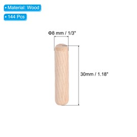 PATIKIL 1/3 Wooden Dowel Pins, 144 Pcs M8x30mm Wood Dowel Pins Hardwood Pegs Fluted Groove Easy Insertion for Crafts Furniture Door Art