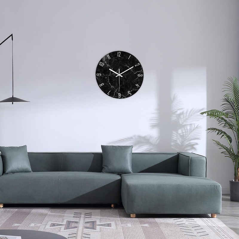 Modern Black Minimalist Wall Clock for Living Room - Glass