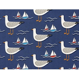 Fryett's Cotton Curtain Upholstery Fabric - Seagull & Sailing Boats Print on Navy Blue - Width 140cm - Home Furnishings Craft Projects Material Per Metre