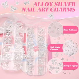 Silver Nail Charms and Gems, Silver 3D Dangle Star Planet Butterfly Nails Jewelry Charms, Metal Cross Heart Bow Moon Alloy Crown Rivet Studs Nail Art Charm Supplies Decor for Nails Face Makeup DIY