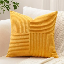 OTOSTAR Set of 1 Decorative Throw Pillow Cover Soft Corduroy Solid Square Pillow Cases Boho Striped Cross Patchwork Textured Cushion Cover for Sofa Car Bedroom Living Room 20x20 Inch, Gold Yellow