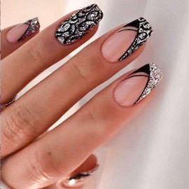 French Tip Press on Nails Medium Square Fake Nails Silver Glitter Glue on Nails Glossy Coffin Acrylic Nails Black Line Stick on nails Full Cover Pink False Nails for Women Girls Manicure 24Pcs…