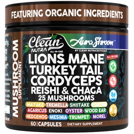 Clean Nutra AuraShroom Organic Mushroom Complex, 25 Mushroom Blend with Lion's Mane, Turkey Tail, Cordyceps, 60 Capsules