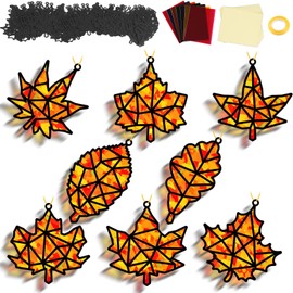 32 Sets Fall Maple Leaf Suncatchers Craft Kit DIY Window Stained Glass Effect Autumn Maple Leaf Paper Crafts Home School Classroom Decoration Kid Birthday Gift Creative Art Project Activity Game
