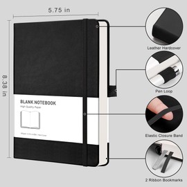 RETTACY Notebook A5 Blank Pack of 2 - 384 Pages Unlined Notebooks with 100gsm Blank Paper, Pen Loop, Inner Pocket, for Sketching School Women Men 14.5 x 21 cm Black