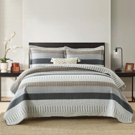 Uniclinens 100% Cotton Quilt Set Queen Size, Patchwork Queen Quilt Bedding Set Bedspreads, Farmhouse Striped Coverlet, Lightweight Comforter Reversible Quilt, White/Brown/Gray All Season, 3-Piece