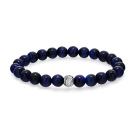 Spartan Men's 8mm Beaded Bracelet | Decorative 925 Sterling Silver Connecting Bead | Fits 7 to 8 Inch Wrists Men’s Accessories Fashion Bracelet (Blue Tiger Eye - 8mm)