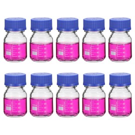 PATIKIL 10 Pack Reagent Media Storage Bottles, 100ml Borosilicate Glass Graduated Round Bottles with GL32 Blue Screw Cap for Lab Water Reagent Liquids, Clear