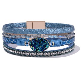 Leather Wrap Bracelet Boho Cuff Bracelets Crystal Bead Bracelet with Clasp Jewelry Gifts for Women(7.7", Steel Blue)