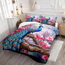 Sedefen Peacock King Size Comforter Set Bird Comforter Pink Floral Bedding Comforter Sets Animal Beatuiful Feather Bedding Set 3Pcs Soft Down Alternative Comforter