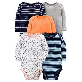 Simple Joys by Carter's Baby Boys' 5-Pack Long-Sleeve Bodysuit, Sailboat/Blue Stripe/Orange/Gray, Preemie