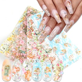 Holographic Nail Foil Transfer Stickers Decals, Angel Nail Polish Sheets Sky Starry Paper Transfer Foils Flowers Nails Supplies for Nail Transfer Glue Women Manicure Nail Film Decorations